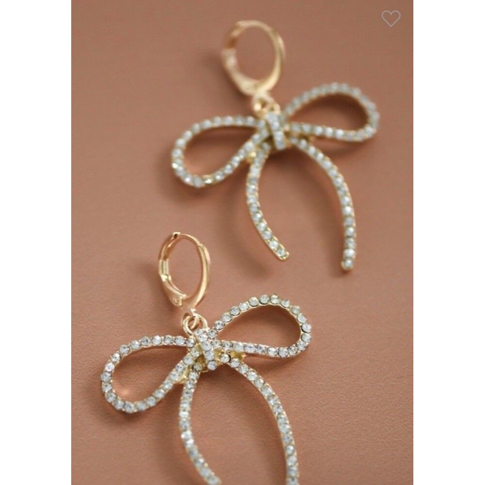 Shamelessly Sparkly Gold Bow Pavé Crystal Dangle Earrings NWT
